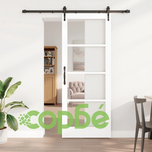 Интериорна плъзгаща се врата ORKDAL с комплект аксесоари, Бяла, 83x211x4 см, масивно борово дърво, със стъкло ➤ топ цена ➤ sorbe.bg