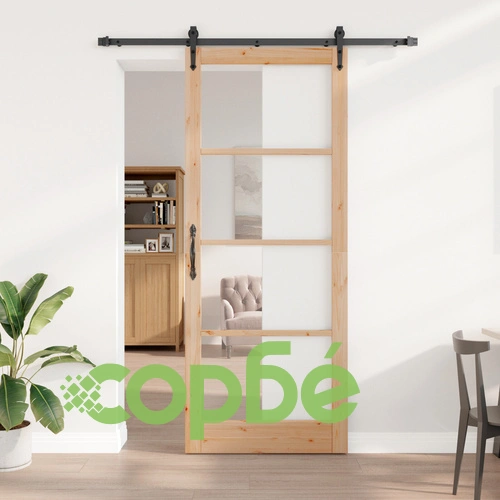 Плъзгаща врата от масивен бор с комплект за монтаж, 83x232 см, със стъкло ОРКДАЛ ➤ топ цена ➤ sorbe.bg