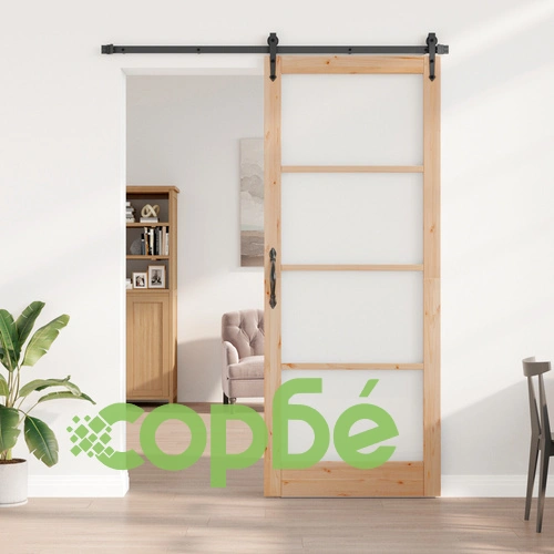 Плъзгаща врата от масивен бор с комплект за монтаж, 83x232 см, със стъкло ОРКДАЛ ➤ топ цена ➤ sorbe.bg