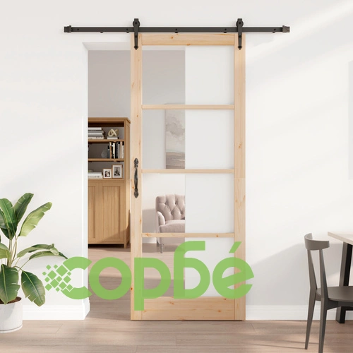 Плъзгаща се врата ORKDAL 93x232 см от масивна борова дървесина със стъкло и комплект принадлежности ➤ топ цена ➤ sorbe.bg