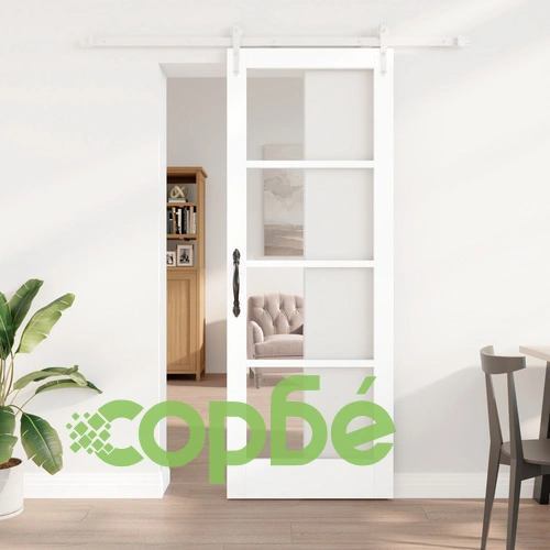 Плъзгаща се врата с комплект механизми Бяла 78x211 см Масивно дърво Бор с Вътрешно стъкло ОРКДАЛ ➤ топ цена ➤ sorbe.bg