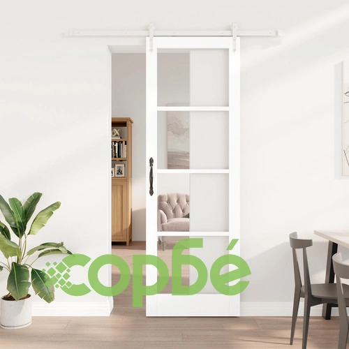 Плъзгаща се врата ОРКДАЛ с хардуер, бяла 78x232x4 см, масивно борово дърво със стъкло ➤ топ цена ➤ sorbe.bg