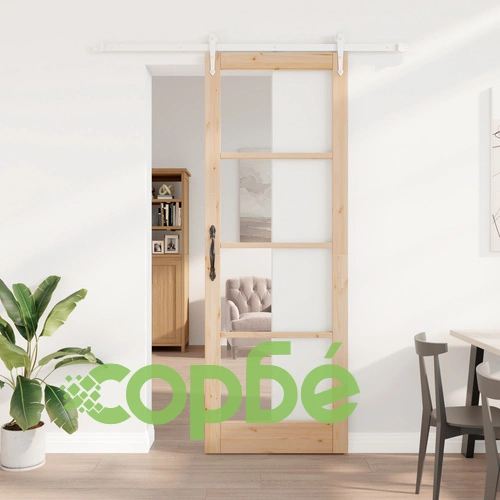 Плъзгаща врата с механизъм 83x232 см от масивно дърво бор с стъкло ОРКДАЛ ➤ топ цена ➤ sorbe.bg