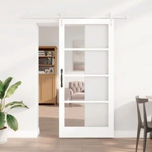 Плъзгаща се Врата ОРКДАЛ от Масивно Дърво с Комплект Хардуер, Бяла 93x202x4 см със Стъкло