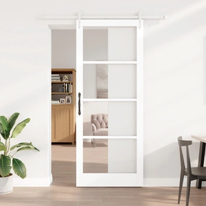 Плъзгаща врата с комплект механизми от масивен бор, Бяла 93x232 см, със стъкло ОРКДАЛ, 4 см дебелина