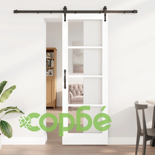 Плъзгаща врата ОРКДАЛ с комплект за монтаж, бяла 73.5x211 см, масивна борова дървесина със стъкло ➤ топ цена ➤ sorbe.bg