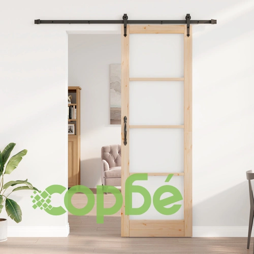 Плъзгаща Врата ОРКДАЛ 78x232 см с Комплект за Монтаж, Масивна Борова Дървесина със Стъклени Елементи ➤ топ цена ➤ sorbe.bg