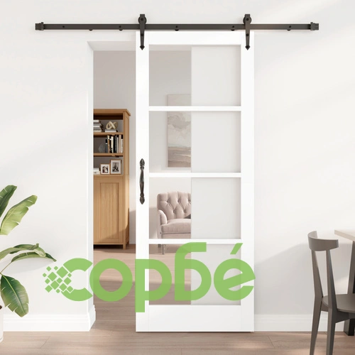 Плъзгаща врата от масивно борово дърво в бяло 83x211 см с комплект хардуер и стъкло ORKDAL ➤ топ цена ➤ sorbe.bg