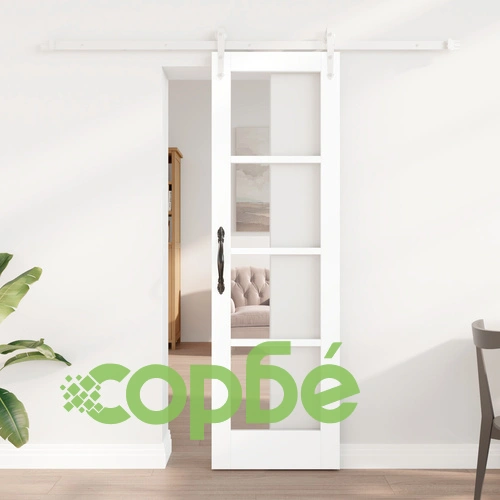 Плъзгаща Врата от Масивно Дърво с Комплект за Монтаж, Бяла, 61x198,5 см, със Стъкло ORKDAL ➤ топ цена ➤ sorbe.bg