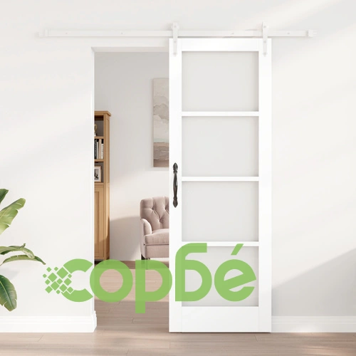 Плъзгаща се врата от масивно борово дърво с комплект за монтаж, бяла, 73.5x211 см, със стъкло ОРКДАЛ, 4 см дебелина ➤ топ цена ➤ sorbe.bg