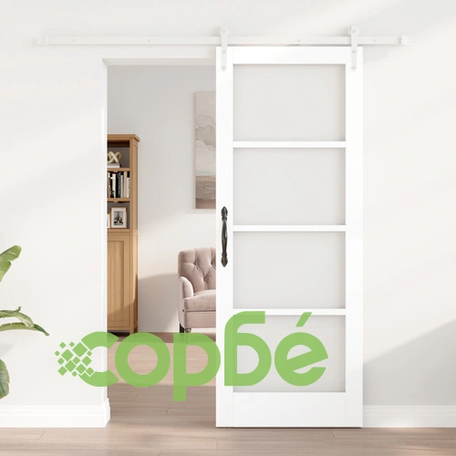 Плъзгаща се врата ORKDAL от масивно борово дърво, бяла 78x202 см, със стъкло и комплект за монтаж ➤ топ цена ➤ sorbe.bg