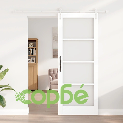 Плъзгаща се врата ORKDAL с комплект аксесоари - Бяла 83x211 см, Масивно Борово Дърво със Стъкло, 4 см дебелина ➤ топ цена ➤ sorbe.bg