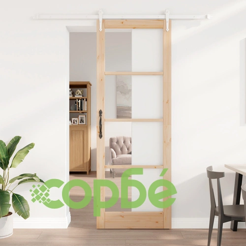 Плъзгаща се врата ORKDAL 83x232 см от масивно борово дърво със стъкло и монтажен комплект ➤ топ цена ➤ sorbe.bg