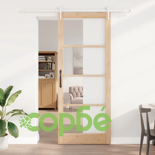 Плъзгаща врата ORKDAL 93x232 см от масивна борова дървесина със стъкло и комплект аксесоари ➤ топ цена ➤ sorbe.bg
