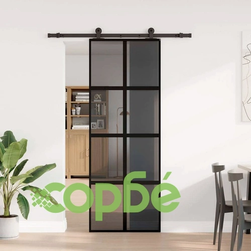 Плъзгаща се врата от закалено стъкло и алуминий с обков 76x205 см, черна ➤ топ цена ➤ sorbe.bg