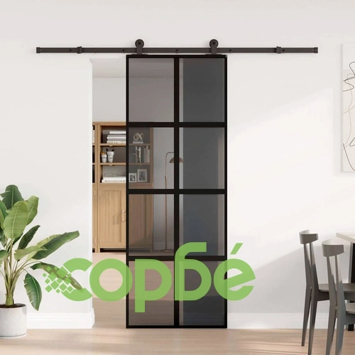 Плъзгаща се врата от закалено стъкло и алуминий 76x205 см с обков, черна ➤ топ цена ➤ sorbe.bg