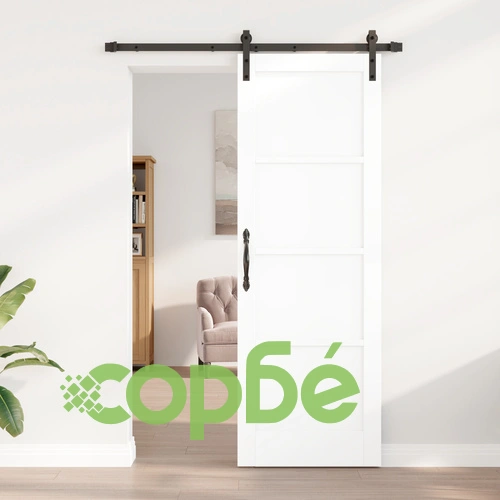 Плъзгаща се врата от масивно борово дърво в бяло с комплект аксесоари 73.5x211 см ➤ топ цена ➤ sorbe.bg