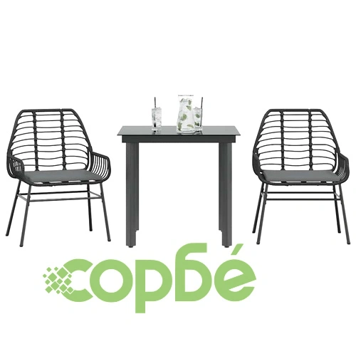 Луксозен градински комплект от 3 части с възглавници - черен полиратан, стъклен плот, 80x80 см ➤ топ цена ➤ sorbe.bg