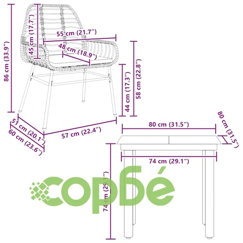 Луксозен градински комплект от 3 части с възглавници - черен полиратан, стъклен плот, 80x80 см ➤ топ цена ➤ sorbe.bg