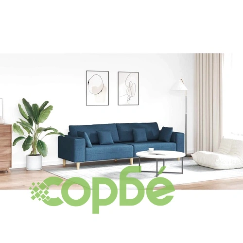 Текстилен диван с възглавници в синьо, 208 см, с дървени крака ➤ топ цена ➤ sorbe.bg