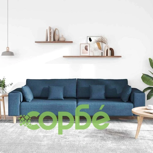 Текстилен диван с възглавници в синьо, 208 см, с дървени крака ➤ топ цена ➤ sorbe.bg