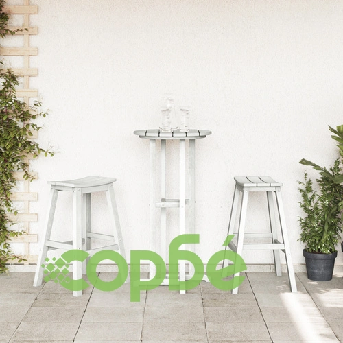 Градински бар комплект от 3 части - бяла HDPE маса 55x55x107 см и 2 бели HDPE бар стола ➤ топ цена ➤ sorbe.bg