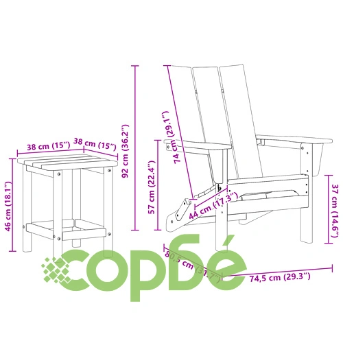 3-частов градински комплект от черен HDPE - 2 сгъваеми Adirondack стола (74.5x80.5x90 см) и странична маса (38x38x45 см) ➤ топ цена ➤ sorbe.bg