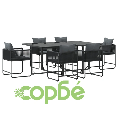 Комплект за градинско хранене с 9 части - маса и столове от стомана и полиратан с възглавници ➤ топ цена ➤ sorbe.bg