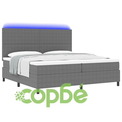 Луксозно Легло с Box Spring, Матрак и LED Осветление - 200x200 см, Сиво Кадифе ➤ топ цена ➤ sorbe.bg