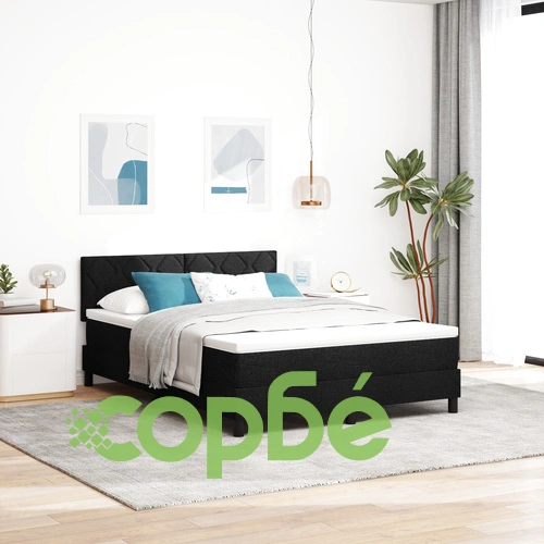 Легло с пружина и матрак 140x190 см Черен текстил с дървена рамка ➤ топ цена ➤ sorbe.bg