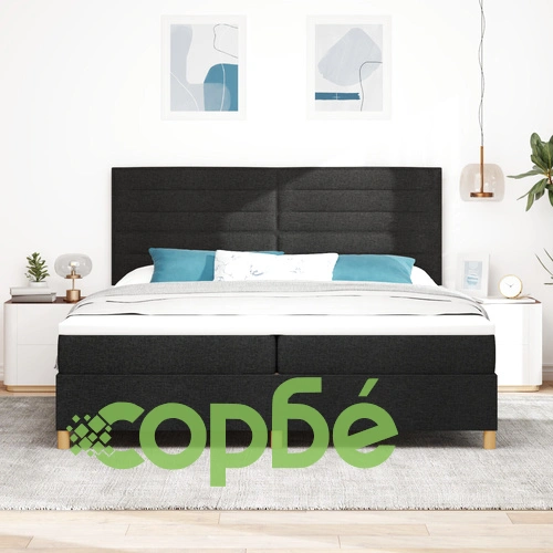 Легло с пружина и матрак 200x200 см Черен текстил с дървена рамка ➤ топ цена ➤ sorbe.bg