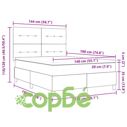 Луксозно легло с pocket пружини и матрак 140x190 см от сиво кадифе ➤ топ цена ➤ sorbe.bg