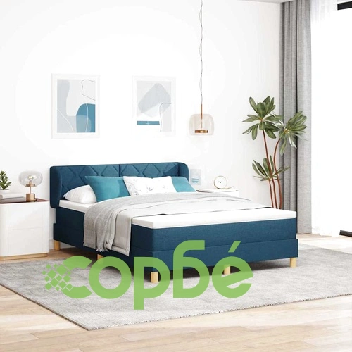 Легло с пружини и матрак 160x200 см - синьо текстилно с регулируема табла ➤ топ цена ➤ sorbe.bg