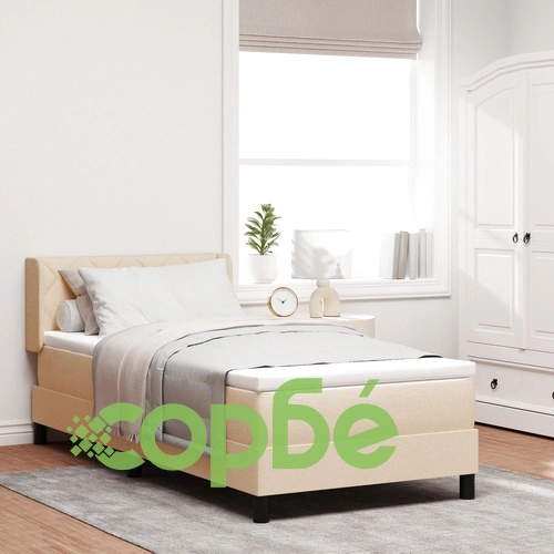 Лифтово легло с матрак 90x190 см, кремава текстилна тапицерия и табла с диамантени блокове ➤ топ цена ➤ sorbe.bg