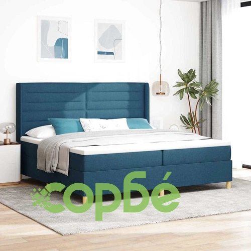 Легло с пружини и матрак с табла синьо 200x200 см текстил ➤ топ цена ➤ sorbe.bg