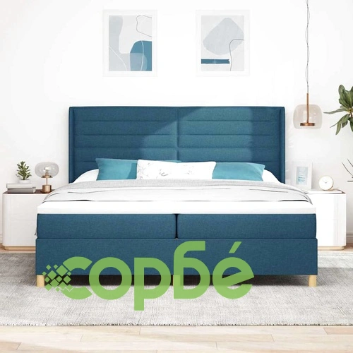 Легло с пружини и матрак с табла синьо 200x200 см текстил ➤ топ цена ➤ sorbe.bg