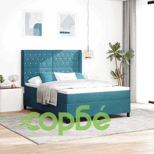Кадифено легло с пружинен матрак 160x200 см в тъмносиньо ➤ топ цена ➤ sorbe.bg