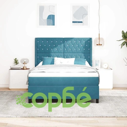 Кадифено легло с пружинен матрак 160x200 см в тъмносиньо ➤ топ цена ➤ sorbe.bg
