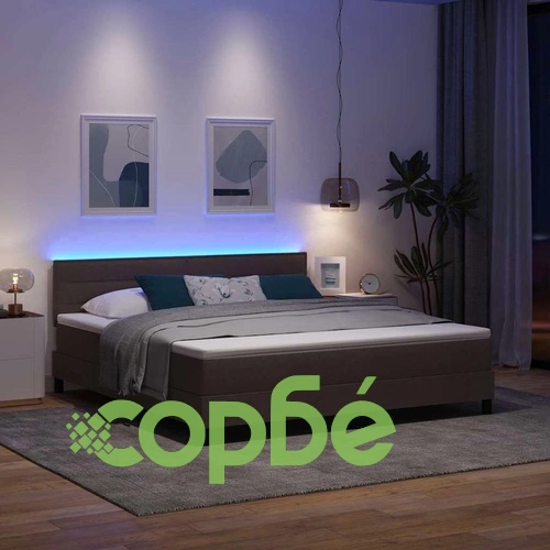 Легло с пружинирана основа и матрак тъмно кафяво 180x200 см текстил с LED осветление ➤ топ цена ➤ sorbe.bg