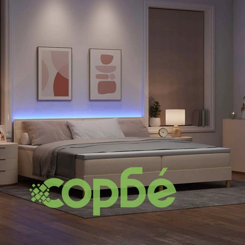 Легло с пружинирана основа и матрак с LED осветление крем 200x200 см текстил ➤ топ цена ➤ sorbe.bg