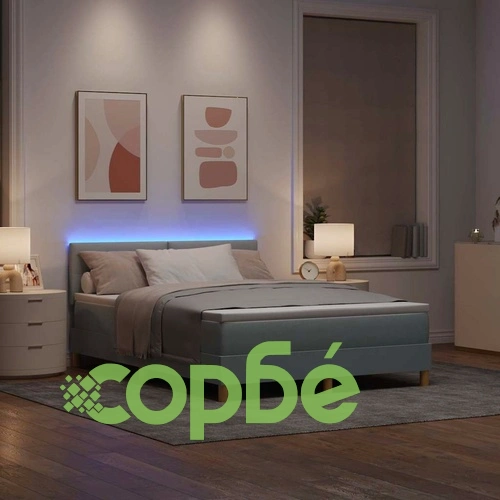 Легло с пружинирана основа и LED осветление светлосиво 160x200 см текстил ➤ топ цена ➤ sorbe.bg