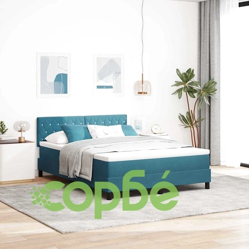 Легло с пружинирана основа и матрак Тъмносиньо 160x200 см Кадифе с LED ➤ топ цена ➤ sorbe.bg