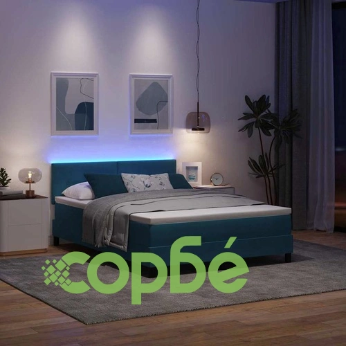 Легло с пружинирана основа и матрак тъмносиньо 140x200 см кадифе с LED осветление ➤ топ цена ➤ sorbe.bg