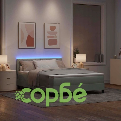 Легло с пружинирана основа и матрак светлосиво 160x200 см кадифе с LED осветление ➤ топ цена ➤ sorbe.bg