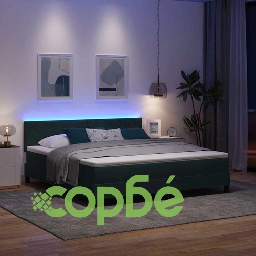 Легло с пружинирана основа и матрак Тъмнозелено кадифе 180x200 см с LED осветление ➤ топ цена ➤ sorbe.bg