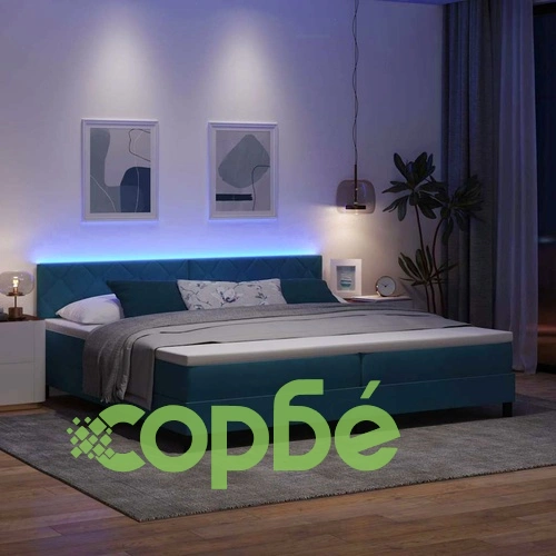 Легло с пружинирана основа и матрак тъмносиньо 200x200 см кадифе с LED осветление ➤ топ цена ➤ sorbe.bg