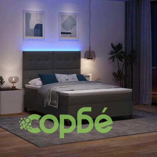 Легло с пружинирана основа и матрак с LED осветление - тъмносиво 160x200 см текстил ➤ топ цена ➤ sorbe.bg