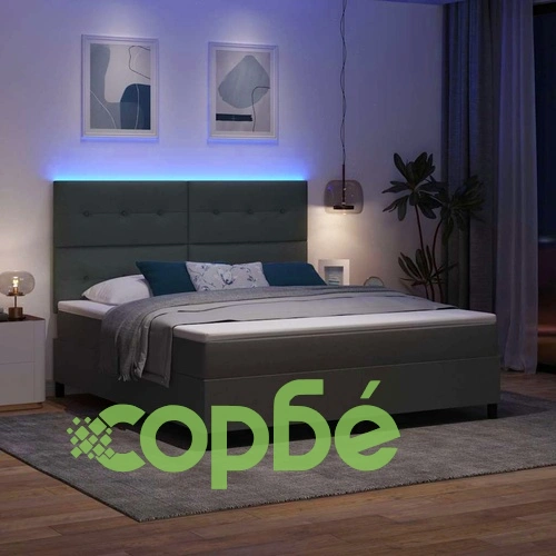 Легло с пружинирана основа и матрак с LED осветление - тъмносиво 180x200 см текстил ➤ топ цена ➤ sorbe.bg