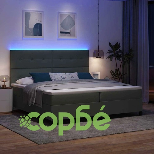 Легло с пружинирана основа и матрак тъмносив 200x200 см текстил с LED осветление ➤ топ цена ➤ sorbe.bg