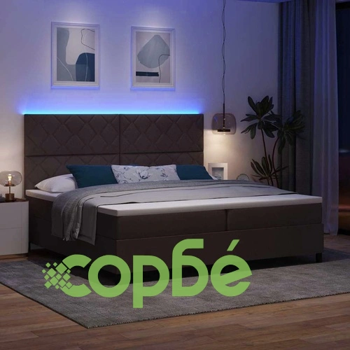 Легло с пружинирана основа и матрак тъмнокафяв 200x200 см текстил с LED осветление ➤ топ цена ➤ sorbe.bg
